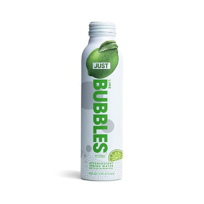 JUST Bubbles Lime - Pure Premium Sparkling Spring Water in a Fully Recyclable Reusable Eco-Friendly Bottle - 100% Mountain-Sourced Carbonated Water with Naturally Occurring Minerals, 16 Fl Oz (Pack of 12)
