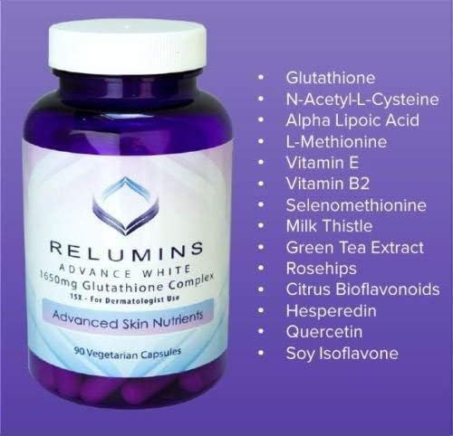 Pack of 2 Relumins Advance White 1650mg Glutathione 15x Dermatologic 2 Bottles, 90 Capsules 180 Total
