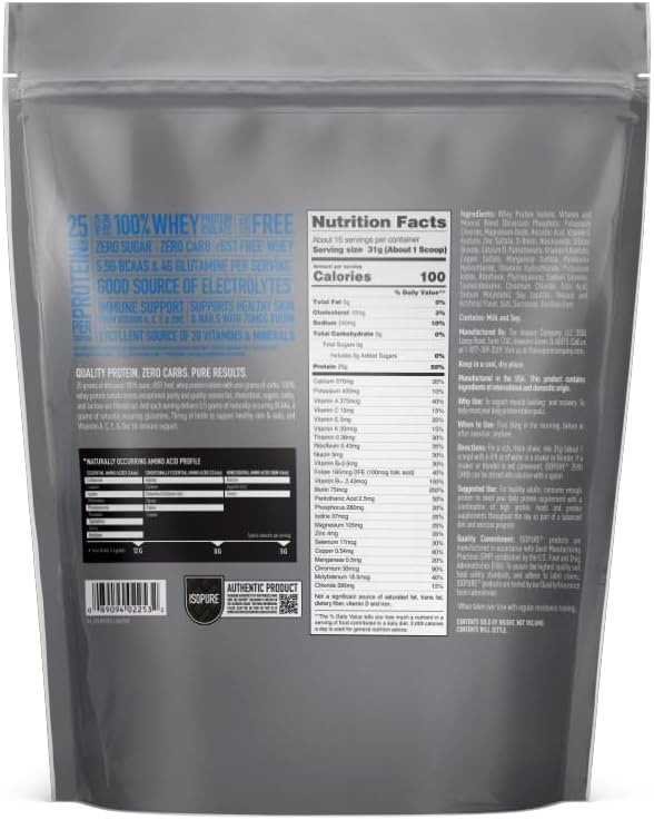 Isopure Zero Carb 100% Pure Whey Isolate Protein Powder, Lactose Free, Gluten Free, With Vitamins, Creamy Vanilla, 25g Protein Per Serving, 1 Lb, 15 Servings