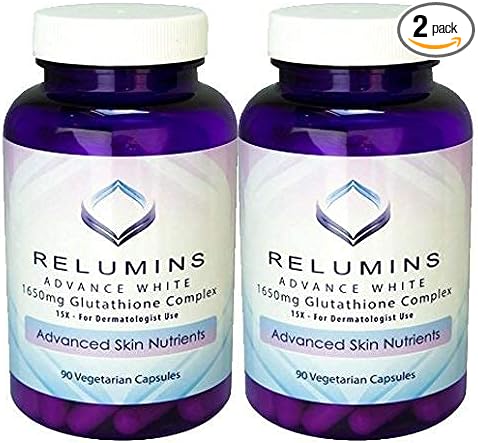 Pack of 2 Relumins Advance White 1650mg Glutathione 15x Dermatologic 2 Bottles, 90 Capsules 180 Total