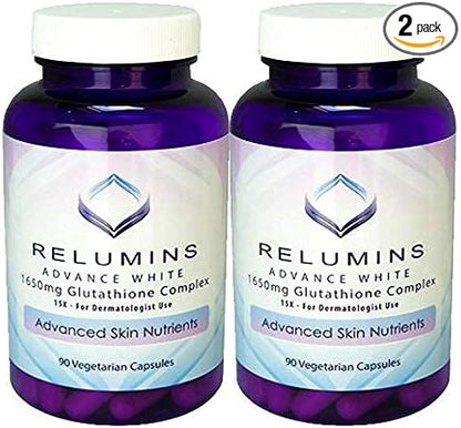 Pack of 2 Relumins Advance White 1650mg Glutathione 15x Dermatologic 2 Bottles, 90 Capsules 180 Total