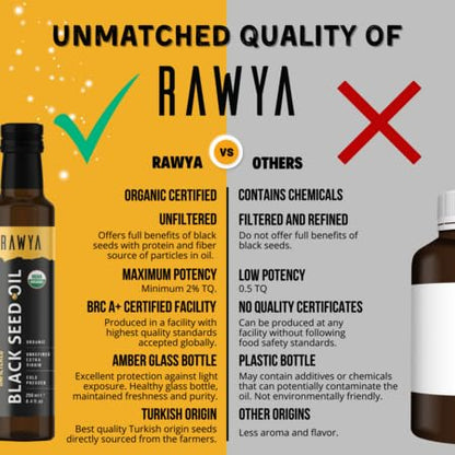 RAWYA Black Seed Oil - Organic Cold Pressed Nigella Sativa - Turkish Origin - USDA Organic - Natural Supplement - Black Cumin Seed Oil - Rich Flavor & High Concentration - 250ml Glass Bottle
