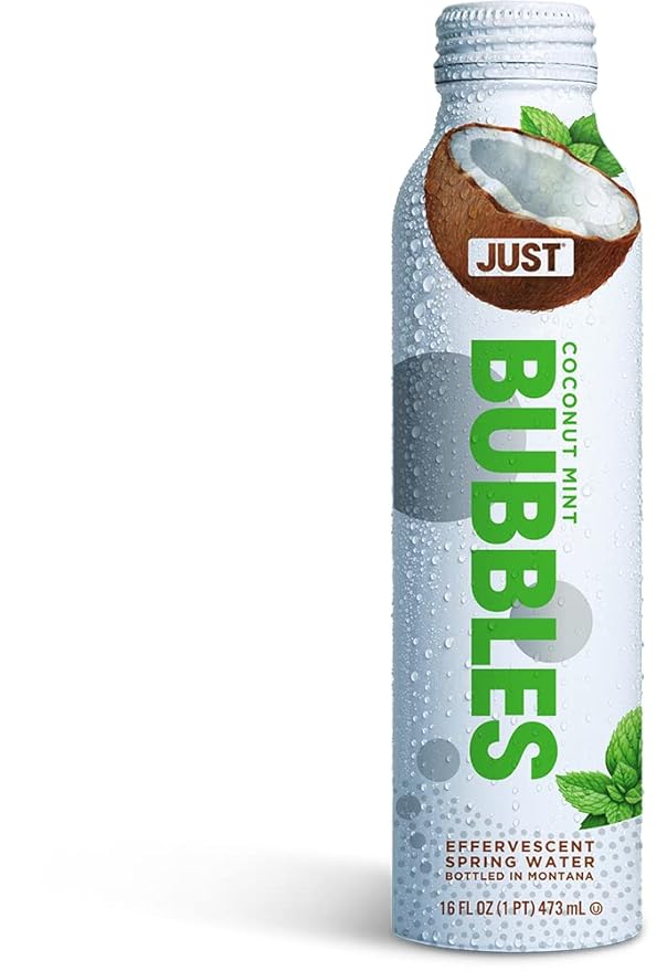 JUST Bubbles Coconut Mint - Pure Premium Sparkling Spring Water in a Fully Recyclable Reusable Eco-Friendly Bottle - 100% Mountain-Sourced Carbonated Water with Naturally Occurring Minerals, 16 Fl Oz (Pack of 12)