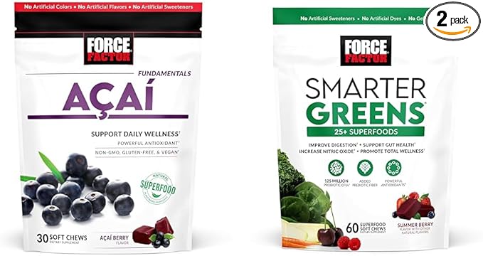 Force Factor Acai Soft Chews Immune Support and Smarter Greens Superfood Chews Digestion Support Bundle, 30 and 60 Count