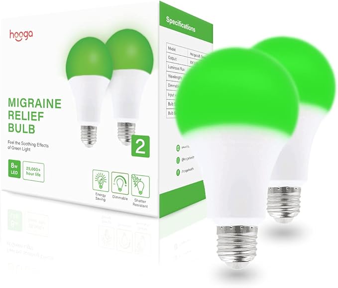 hooga Migraine Relief Green LED Light 520nm Narrow 8W, E26 E26 Base. (2 Pack)