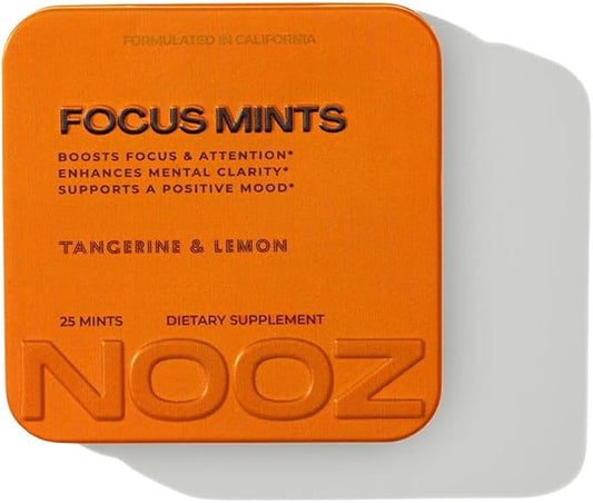 NOOZ Focus Mints - Caffeine-Free Brain Booster for Mental Clarity - Tangerine & Lemon Flavor | Sugar-Free, Travel-Friendly Supplement with Vitamins C, B6, B12 - Non-GMO, Clean Label, 25 Mints