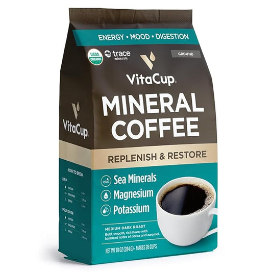 VitaCup Mineral Coffee with Trace Minerals, Hydrate, Replenish & Restore w/All Natural Sea Minerals, Electrolytes, Organic Coffee, Single Origin, Medium Dark Roast, Ground Coffee 10oz