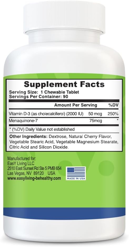 Vitamin D3 with K2 2000IU Supplement 90Count Chewable D3 50mcg 50mcg & K2 as MK-7 75mcg, 75mcg, Immune