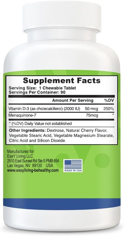 Vitamin D3 with K2 2000IU Supplement 90Count Chewable D3 50mcg 50mcg & K2 as MK-7 75mcg, 75mcg, Immune