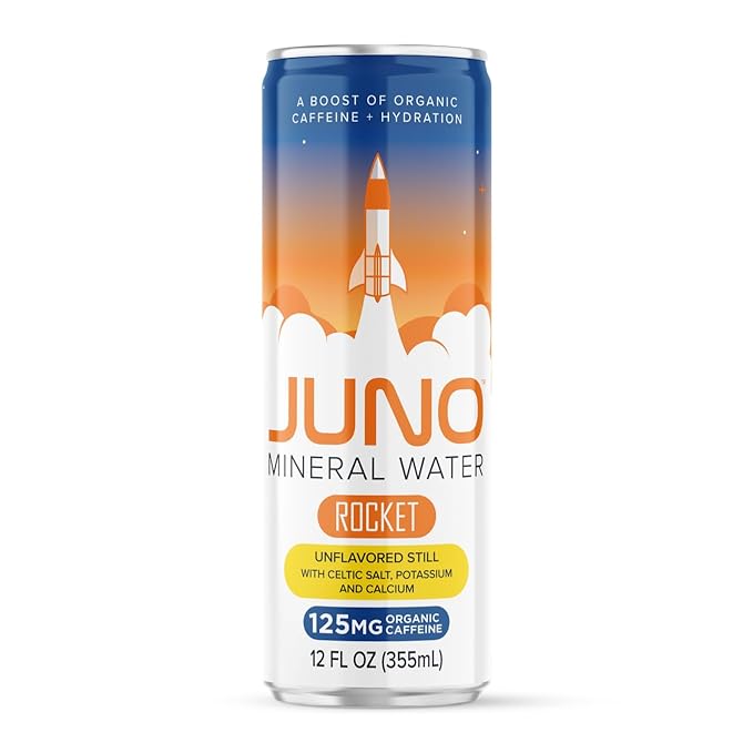 JUNO Rocket Unflavored Still Mineral Water, Hydration Energy Drink with 125mg Organic Caffeine from Green Coffee Beans, Celtic Salt, Potassium, and Calcium, 12 Pack