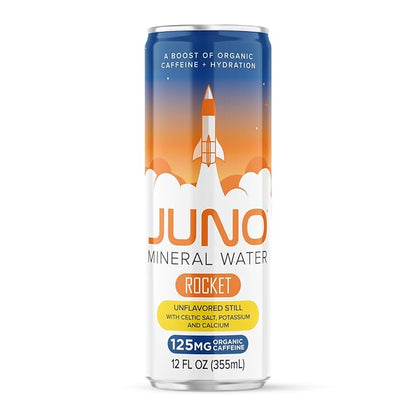 JUNO Rocket Unflavored Still Mineral Water, Hydration Energy Drink with 125mg Organic Caffeine from Green Coffee Beans, Celtic Salt, Potassium, and Calcium, 12 Pack