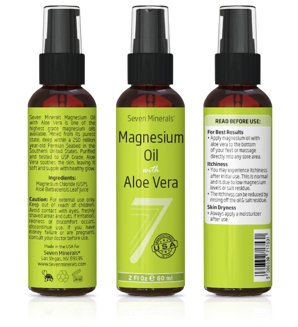 Magnesium Oil Spray with Aloe Vera - Less Itchy - Use as Magnesium Spray Deodorant - Made in USA - Get Healthy Hair & Skin and Sleep Better - Free eBook Included (Big 12 oz) (2 Fl Oz)