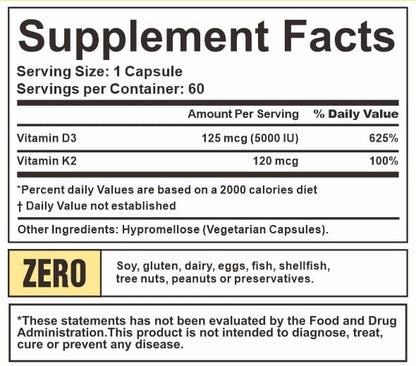 Crown Elite Premium Vitamin D3 & K2 Supplement, 2 in 1 Complex, 5000 IU D3 & 100 mcg K2 |