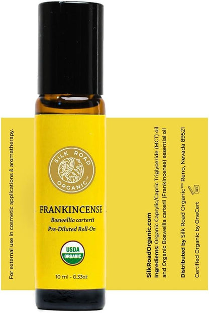 Organic Frankincense Carterii Essential Oil Roll On, 100% Pure USDA Certified Aromatherapy for Radiant Skin, Body Aches, Stress Relief, & Calm - 10 ml Roller by Silk Road Organic