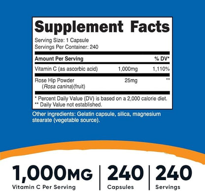Nutricost Vitamin C with Rose HIPS 1025mg, 240 Capsules (2 Bottles) - Premium Non-GMO, Gluten Free Vitamin C Supplement