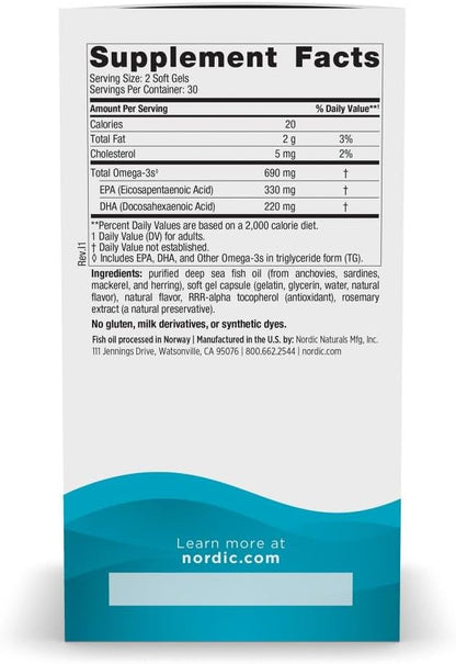 Nordic Naturals Omega-3, Lemon Flavor - 60 Soft Gels - 690 mg Omega-3 - Fish Oil - EPA & DHA - Immune Support, Brain & Heart Health, Optimal Wellness - Non-GMO - 30 Servings