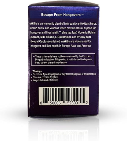 Akilis Antioxidant Liver Support Pills 100 Vegi Caps (33 Doses), Better Mornings After Drinking, Hovenia dulcis, Vine Tea (Dihydromyricetin), Milk Thistle, Prickly Pear, Glutathione, 16 Ingredients