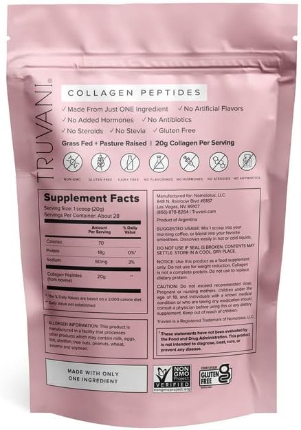 Truvani Hydrolyzed Collagen Peptides 28 Servings 20g Grass-Fed