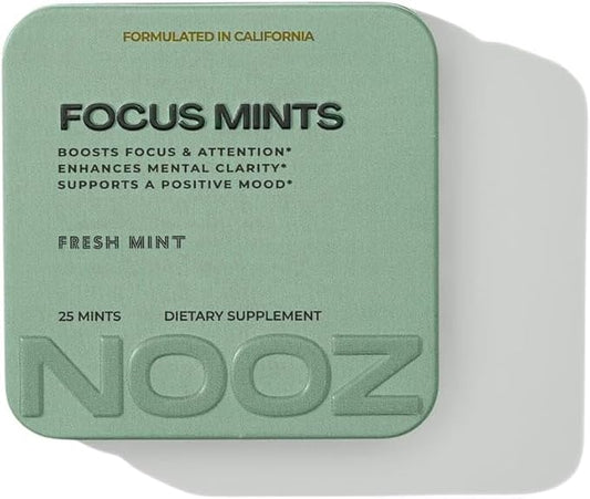 NOOZ Focus Mints - Caffeine-Free Brain Booster for Mental Clarity - Fresh Mint Flavor | Sugar-Free, Travel-Friendly Supplement with Vitamins C, B6, B12 - Non-GMO, Clean Label, 25 Mints