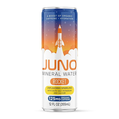 JUNO Rocket Unflavored Sparkling Mineral Water with Organic Caffeine, Celtic Salt, Potassium, and Calcium, 12 Pack