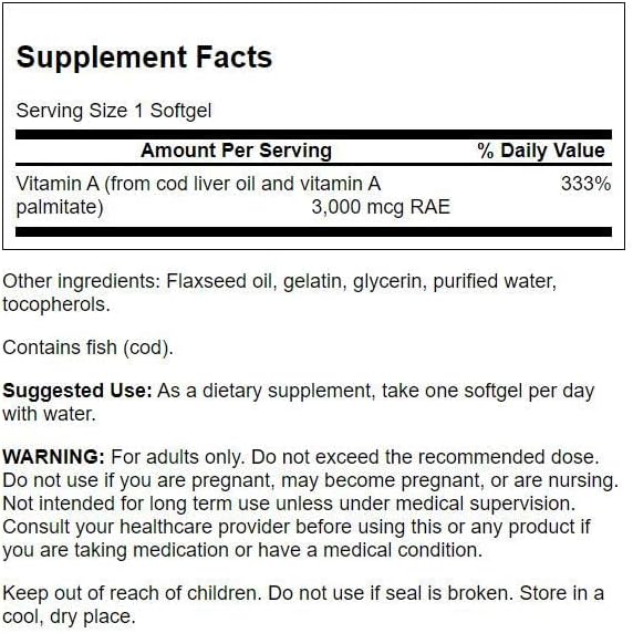 Swanson Vitamin A 10,000 IU (3,000 250 Softgels (2 Pack)