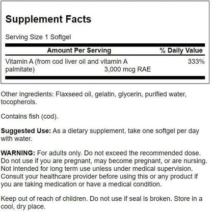 Swanson Vitamin A 10,000 IU (3,000 250 Softgels (2 Pack)