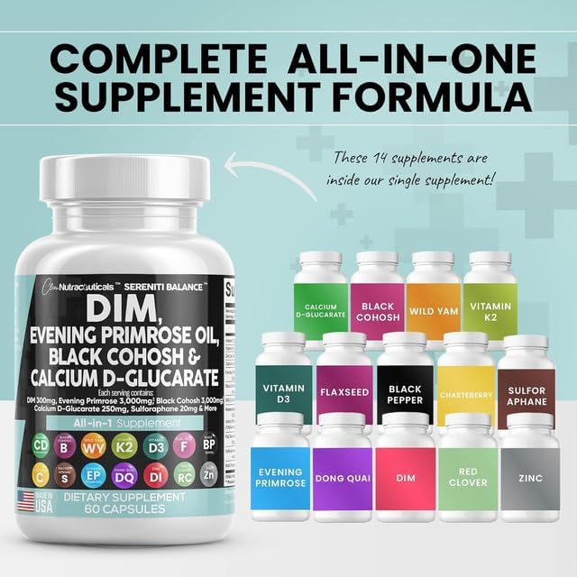 Clean Nutraceuticals DIM Evening Primrose Black Cohosh Calcium D-Glucarate Sulforaphane Flax Seed Extract - Hormonal Support Vitamins for Women with Dong Quai - 60 Caps