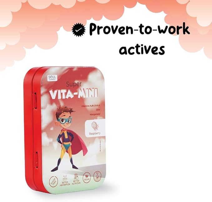 Soul Strips Super Vita-Mini - Essential Vitamins A, B, C, D, E, K & Minerals for Kids' Growth & Health, Raspberry, Zero Sugar, 100% Vegan, 30 Strips Pack '