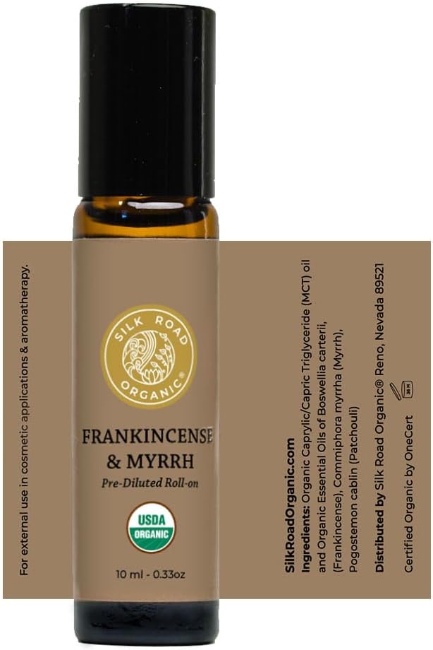 Organic Frankincense Oil & Myrrh Essential Oil Roll On, 100% Pure USDA Certified Aromatherapy for Body Aches, Stiffness & Tingling, Stress Relief, & Skin - 10 ml Roller by Silk Road Organic