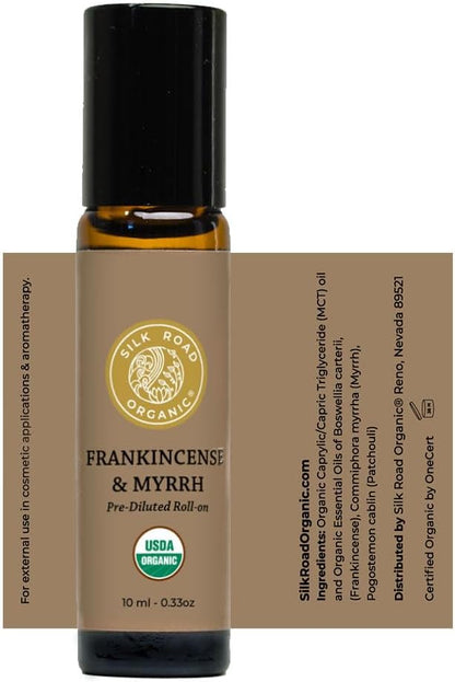 Organic Frankincense Oil & Myrrh Essential Oil Roll On, 100% Pure USDA Certified Aromatherapy for Body Aches, Stiffness & Tingling, Stress Relief, & Skin - 10 ml Roller by Silk Road Organic