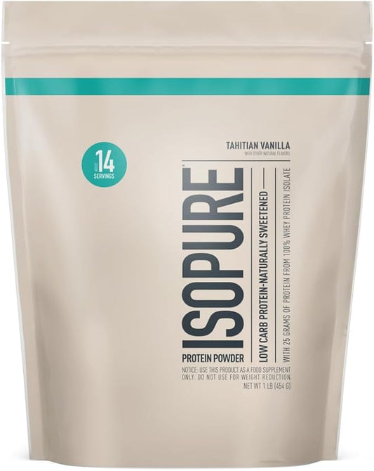 Isopure Low Carb 100% Pure Whey Isolate Protein Powder, Lactose Free, Gluten Free, With Vitamins, Tahitian Vanilla, 25g Protein Per Serving, 1 Lb, 14 Servings
