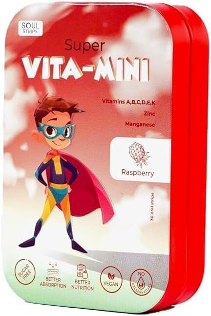 Soul Strips Super Vita-Mini - Essential Vitamins A, B, C, D, E, K & Minerals for Kids' Growth & Health, Raspberry, Zero Sugar, 100% Vegan, 30 Strips Pack '