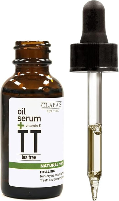 Clara's New York 100% Natural Tea Tree Facial Oil Serum with Vitamin E for Clearing Acne, Breakout, Pimple and Calming Redness, Blemish-Prone, Scars - 30ml /1Fl oz - Made In USA