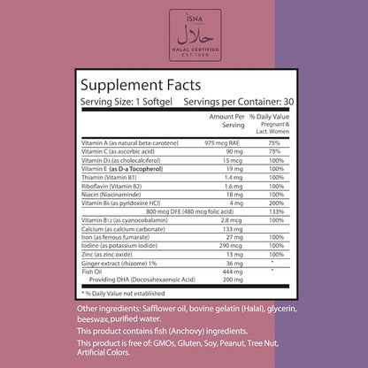 Noor Vitamins Halal Prenatal Vitamins with DHA and Folic Acid, Essential Vitamins, Ginger to Soothe Mom's Stomach, Iron, Softgels, Prenatal Vitamin Before/During/Post Pregnancy (1 Month Supply)