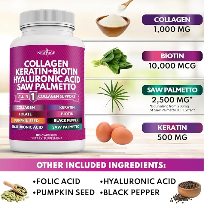 Collagen Pills 1000mg Biotin 10000mcg Keratin 2500mg Hyaluronic 90 Count