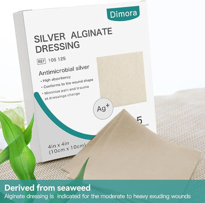 Dimora Upgrade Silver Calcium Alginate Wound Pads,4'' x 4'' Patches 5 Packs