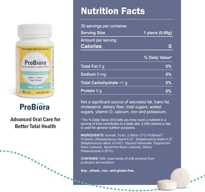 ProBiora Oral-Care Chewable Probiotic Tablets | Probiotic Supplement for Women & Men | Healthier Teeth & Gums | Fresher Breath | Whiter Teeth | Better Overall Health | 30 Count | Pack of 3 | Mint