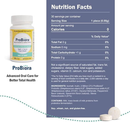 ProBiora Oral-Care Chewable Probiotic Tablets | Probiotic Supplement for Women & Men | Healthier Teeth & Gums | Fresher Breath | Whiter Teeth | Better Overall Health | 30 Count | Pack of 3 | Mint