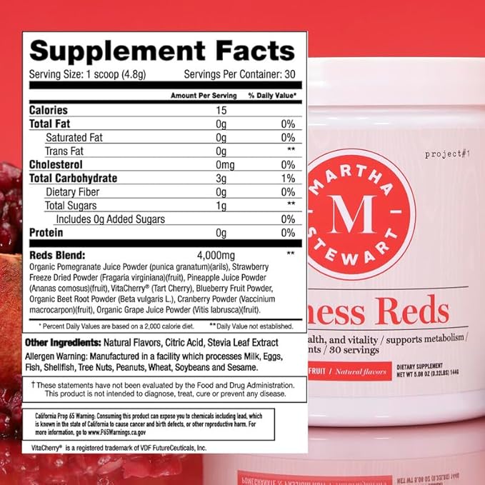 Martha Stewart Wellness Reds - A Blend of Antioxidant-Rich Superfoods with Beet Root Powder for Health - Energy Powder Drink Mix | Fruit Protein Powder | Antioxidants Supplement [Pomegranate]