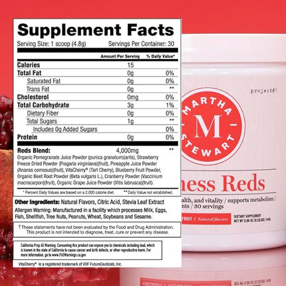 Martha Stewart Wellness Reds - A Blend of Antioxidant-Rich Superfoods with Beet Root Powder for Health - Energy Powder Drink Mix | Fruit Protein Powder | Antioxidants Supplement [Pomegranate]