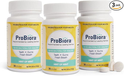 ProBiora Oral-Care Chewable Probiotic Tablets | Probiotic Supplement for Women & Men | Healthier Teeth & Gums | Fresher Breath | Whiter Teeth | Better Overall Health | 30 Count | Pack of 3 | Mint
