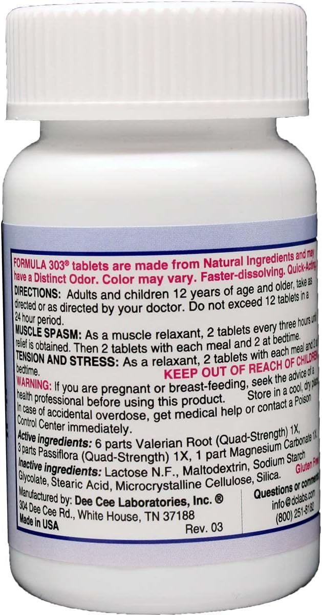 Dee CEE Labs Formula 303 Maximum Strength Tablets, 90 Tablets; All-Natural containing Magnesium for Sore Muscles, Passion Flower, and Valerian Root