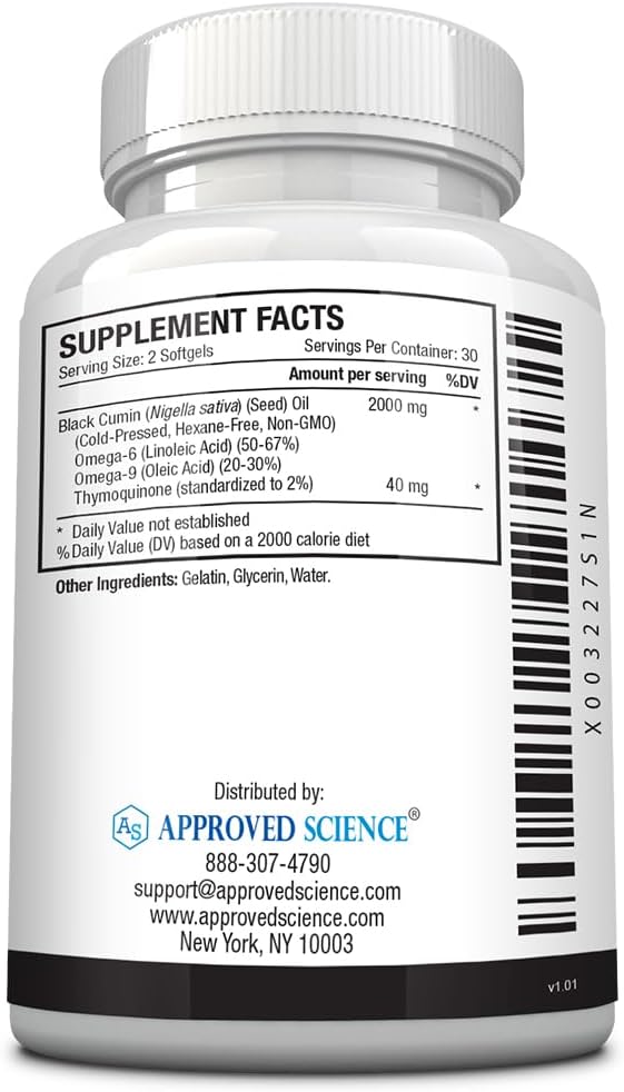 Approved Science Black Seed Oil 2% Thymoquinone 180 Softgels