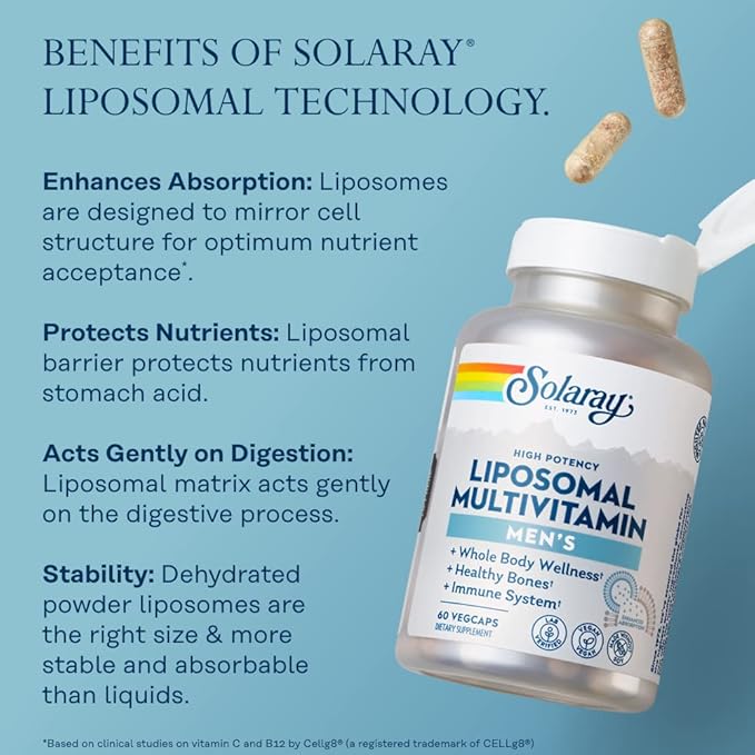 Solaray Liposomal Multivitamin for Men, Enhanced D3, C, B12, Zinc, 60 Serv, 120 VegCaps