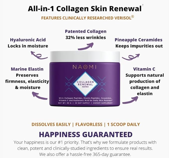 NAOMI Collagen Renewal Matrix Powder, Collagen 90 Grams, 30-Day Supply