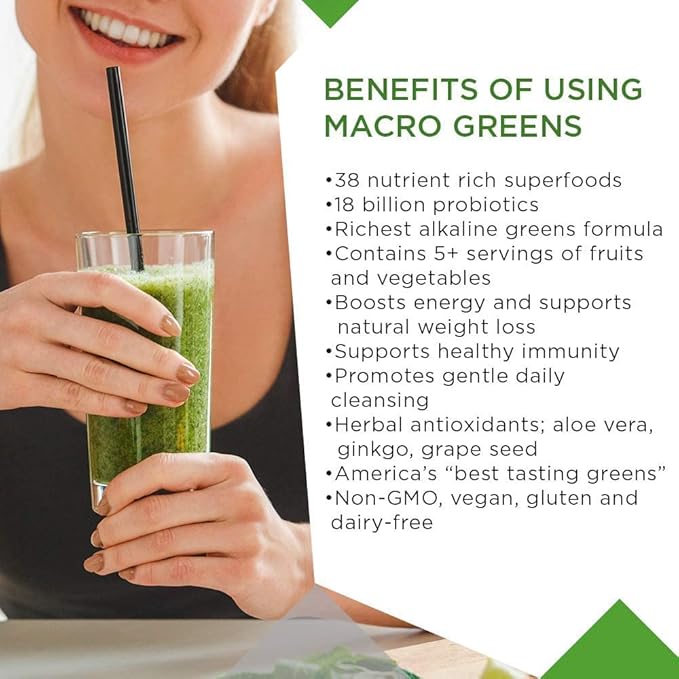 MacroLife Naturals Macro Greens Powder 38 Superfood Probiotic Antioxidant Enzyme & Herbal Supplement Immunity Energy Cleanse - Non-GMO Vegan Gluten-Free Dairy-Free - 2 oz (6 Servings)