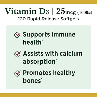 Nature's Bounty Vitamin D3, 1000IU, High 120 Softgels, 4
