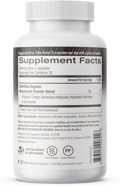 Om Mushroom Superfood Chaga Mushroom Capsules Superfood Supplement, 90 Count, 30 Days, US Grown, Sacred Antioxidants & Immune Support, Superfood Mushroom Supplement