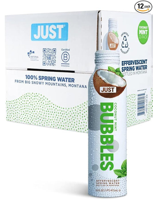 JUST Bubbles Coconut Mint - Pure Premium Sparkling Spring Water in a Fully Recyclable Reusable Eco-Friendly Bottle - 100% Mountain-Sourced Carbonated Water with Naturally Occurring Minerals, 16 Fl Oz (Pack of 12)