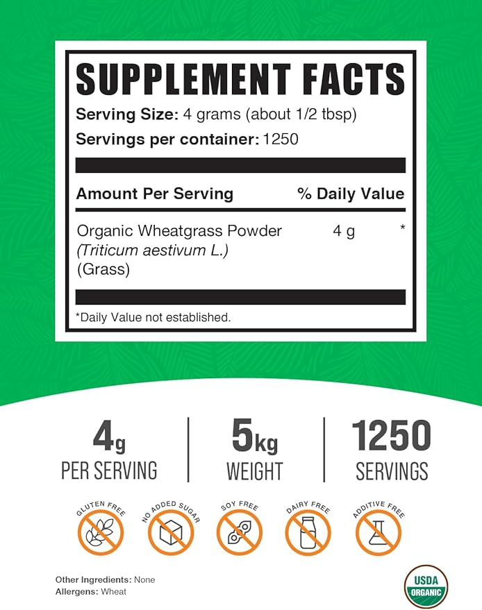 BulkSupplements.com Organic Wheatgrass Powder - Organic Superfoods Powder - Green Powder Superfood - Wheat Grass Powder - Vegan & Gluten Free, 4g per Serving (5 Kilograms - 11 lbs)